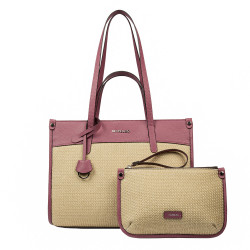 Damstrandväska 045g 01 hallonrosa+raffia